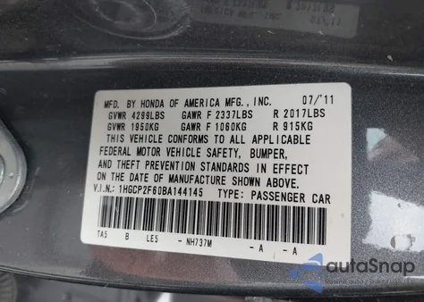 2011 Honda Accord 2.4 Se from USA, damaged, VIN 1HGCP2F60BA144145